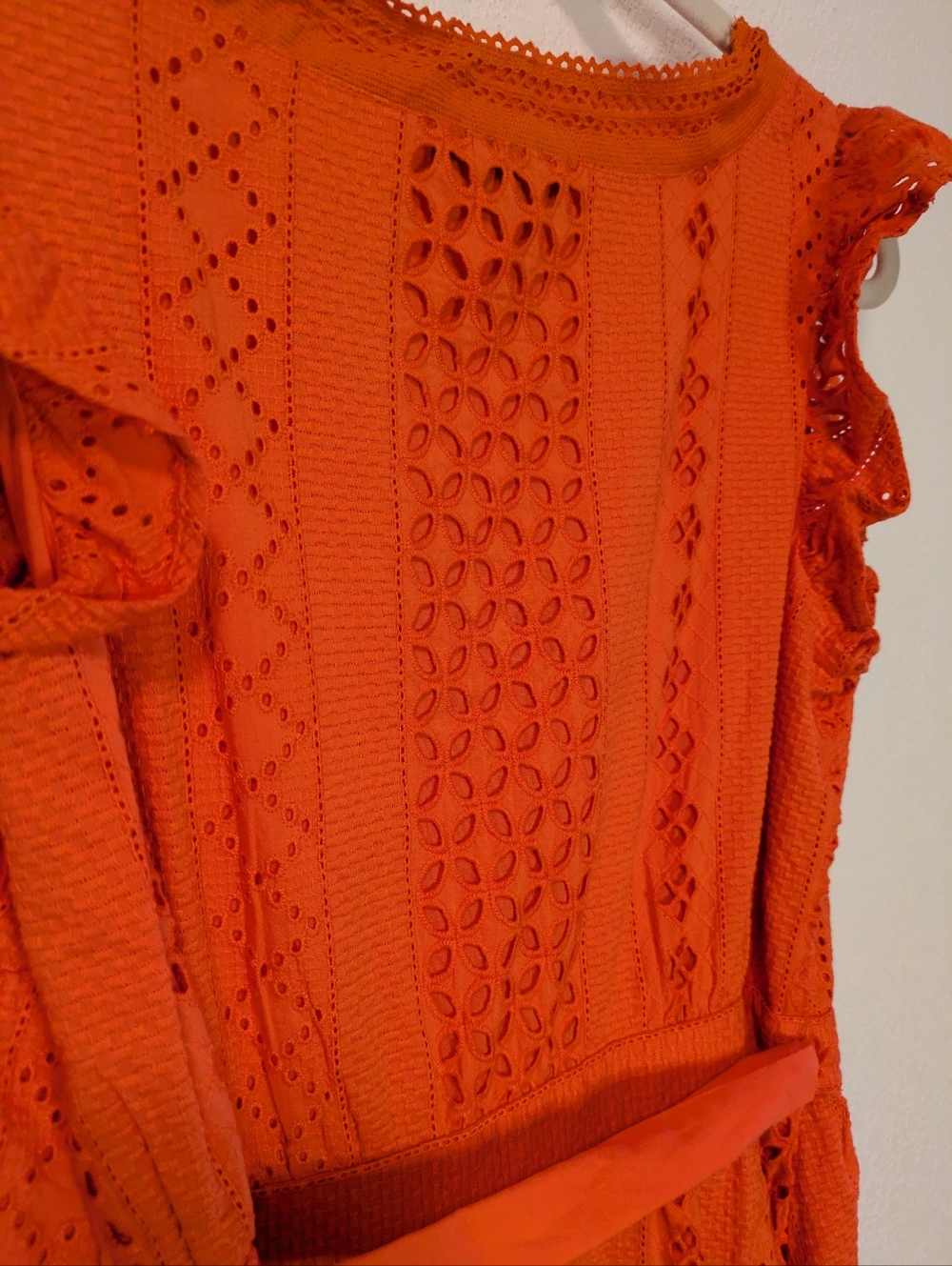 J. Crew Orange Eyelet Wrap Midi Dress with Waist Tie - Picture 9 of 12